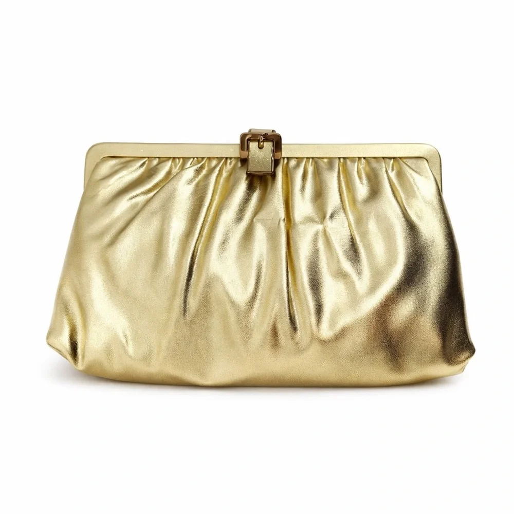 Vintage Unbranded Gold Metallic Shiny Clutch Bag Evening Formal Buckle Satin
